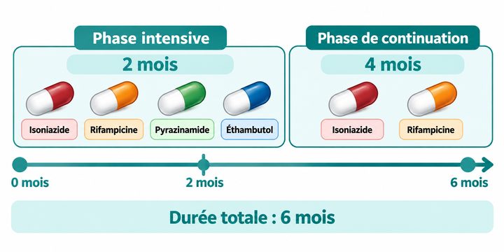 Schéma : la quadrithérapie antituberculeuse, deux mois puis quatre mois.
