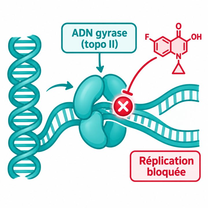 Schéma : la fluoroquinolone bloque l'ADN gyrase et la réplication bactérienne.