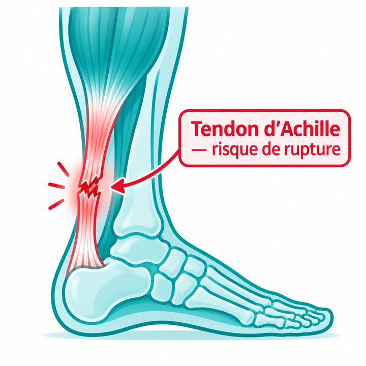 Schéma : risque de rupture du tendon d'Achille sous fluoroquinolones.