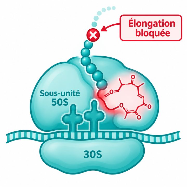 Schéma LinExplain : un macrolide se fixe sur la sous-unité 50S du ribosome et bloque l'élongation de la protéine.