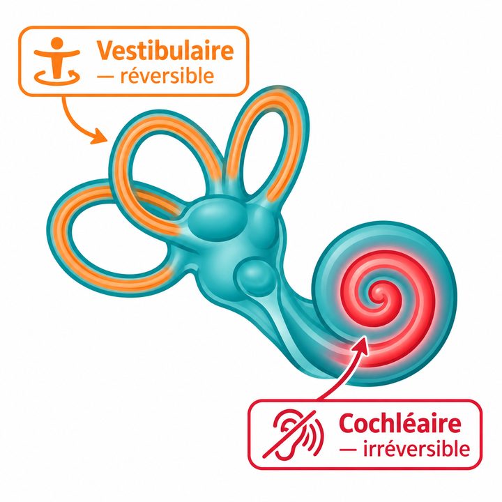 Schéma : ototoxicité des aminosides, atteinte vestibulaire réversible et cochléaire irréversible.