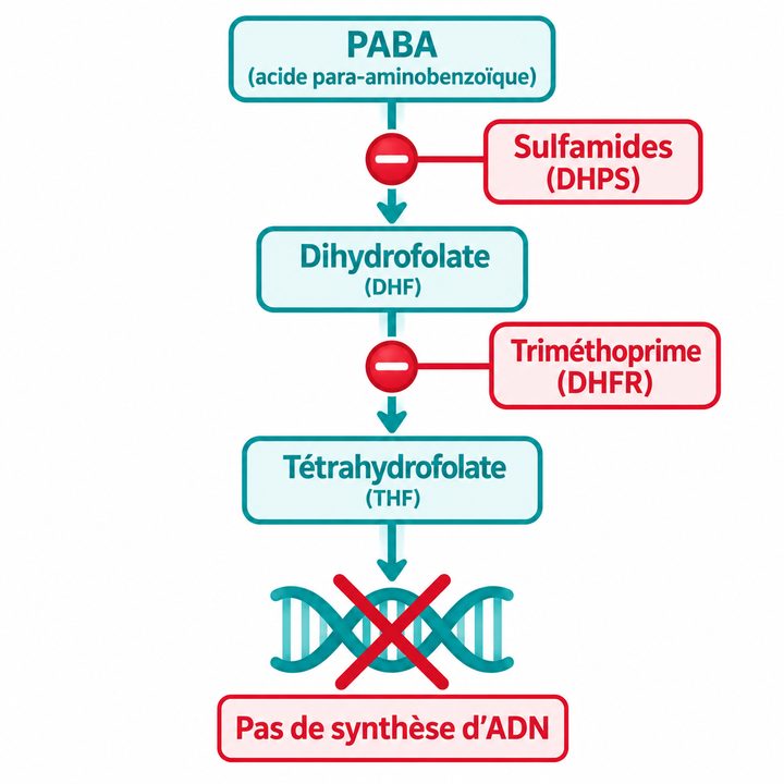 Schéma : les sulfamides et le triméthoprime bloquent la voie de l'acide folique.